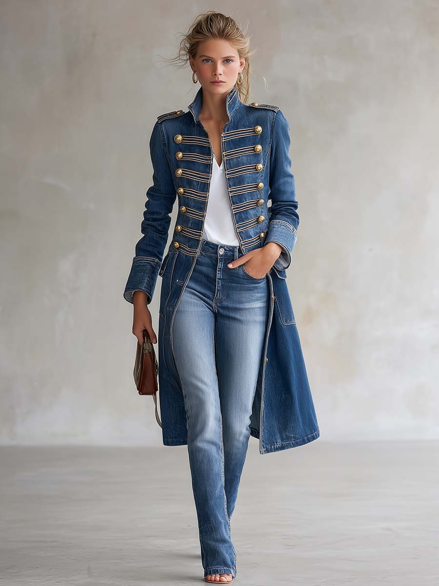 Audrey™ | Tailored Long Military-Style Coat with Decorative Buttons