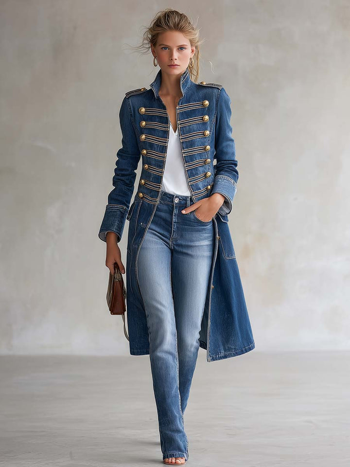 Audrey™ | Tailored Long Military-Style Coat with Decorative Buttons