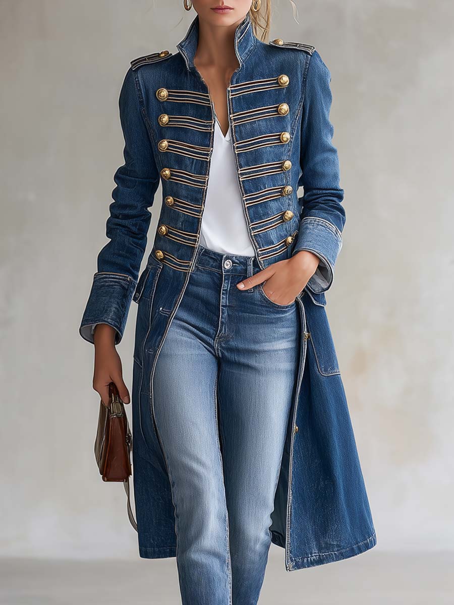 Audrey™ | Tailored Long Military-Style Coat with Decorative Buttons