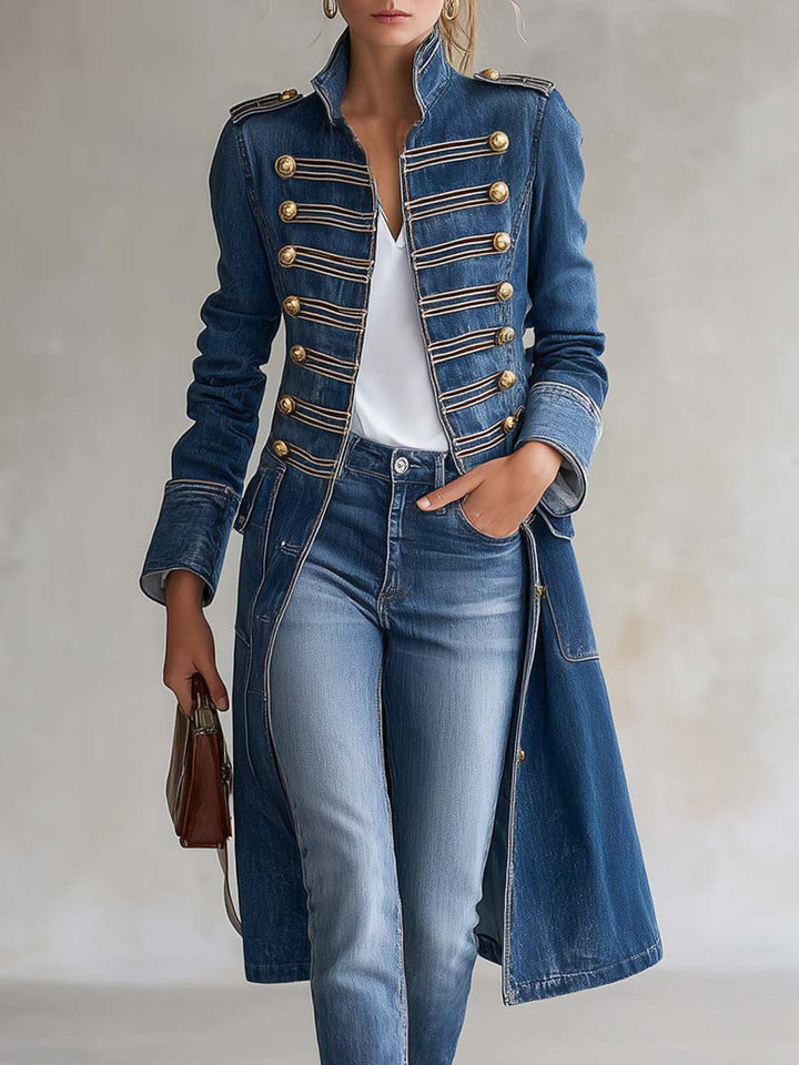 Audrey™ | Tailored Long Military-Style Coat with Decorative Buttons