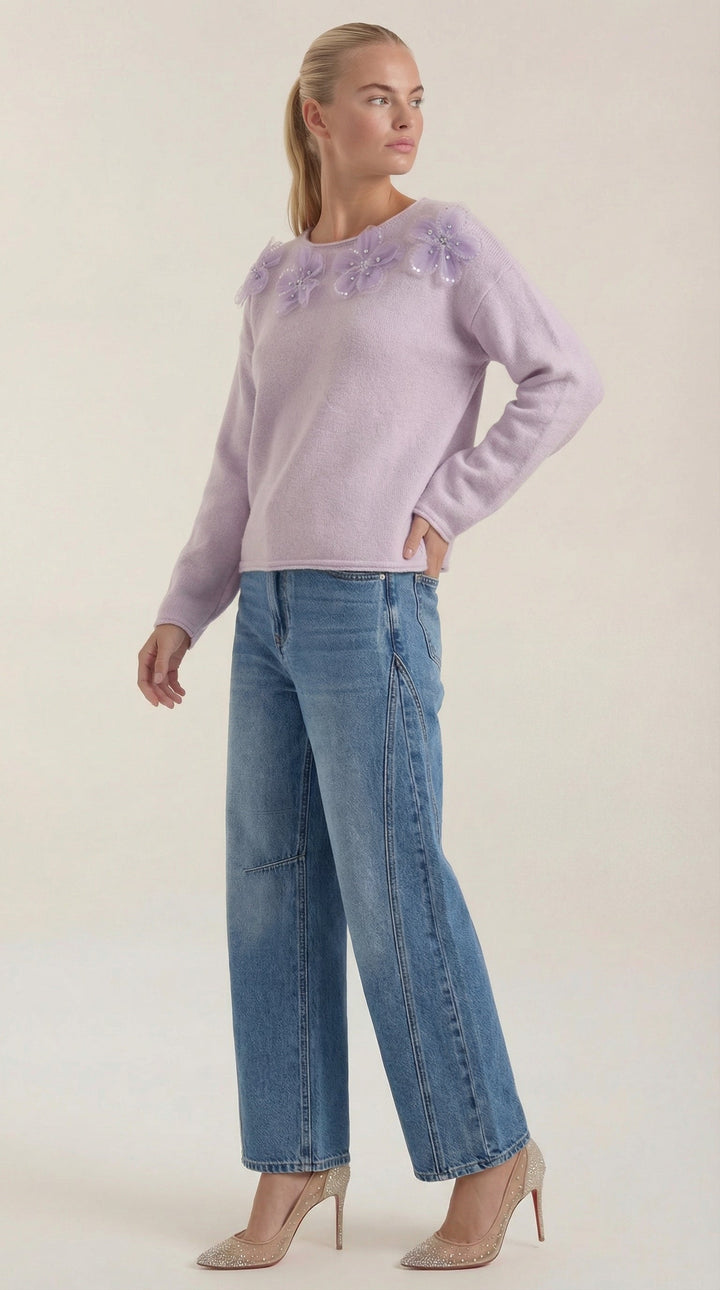 Sweater with Floral Design and Round Neck