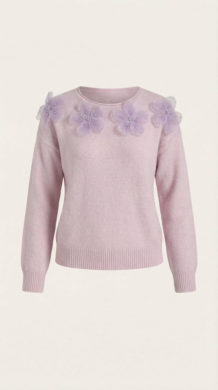 Sweater with Floral Design and Round Neck