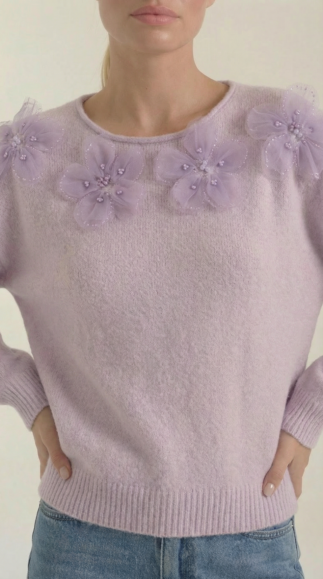 Sweater with Floral Design and Round Neck