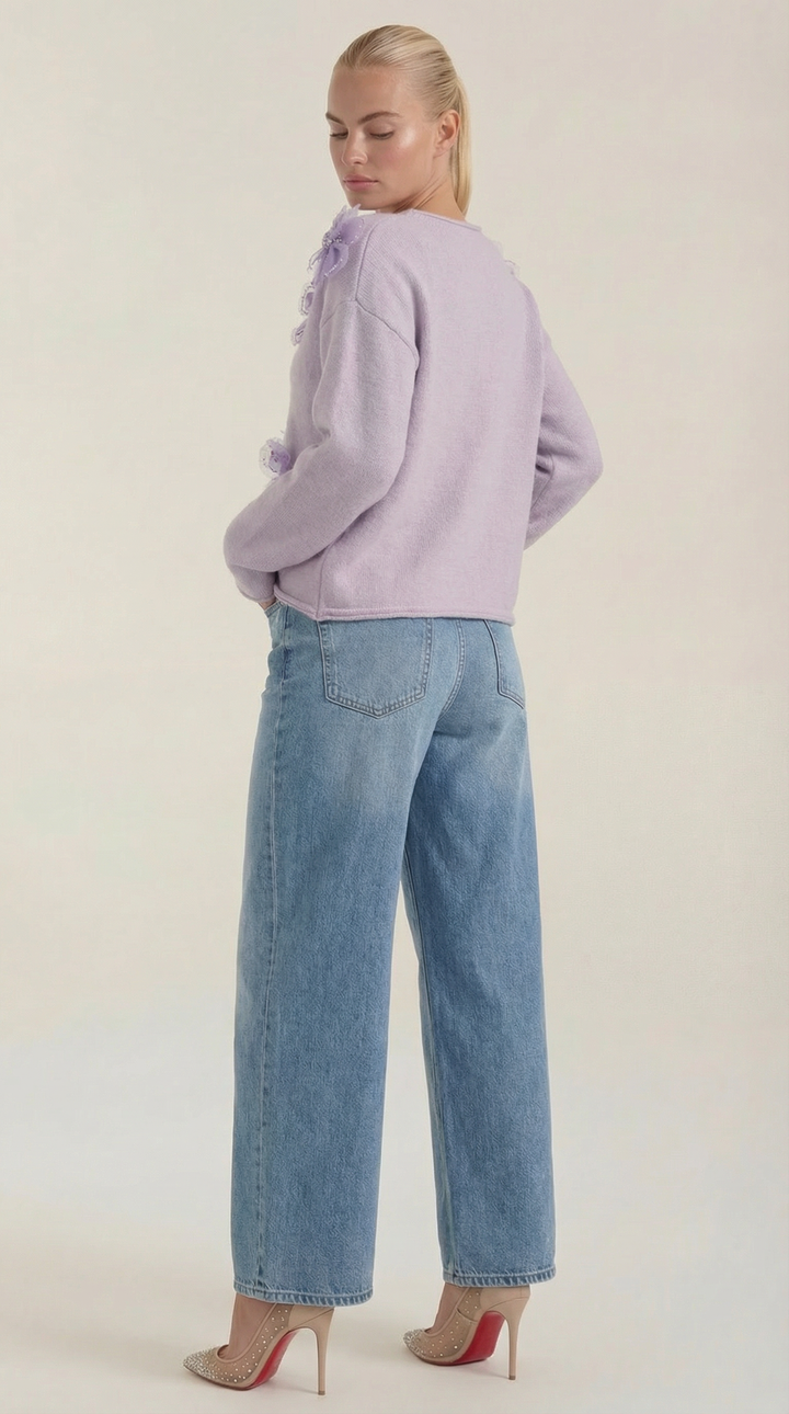 Sweater with Floral Design and Round Neck