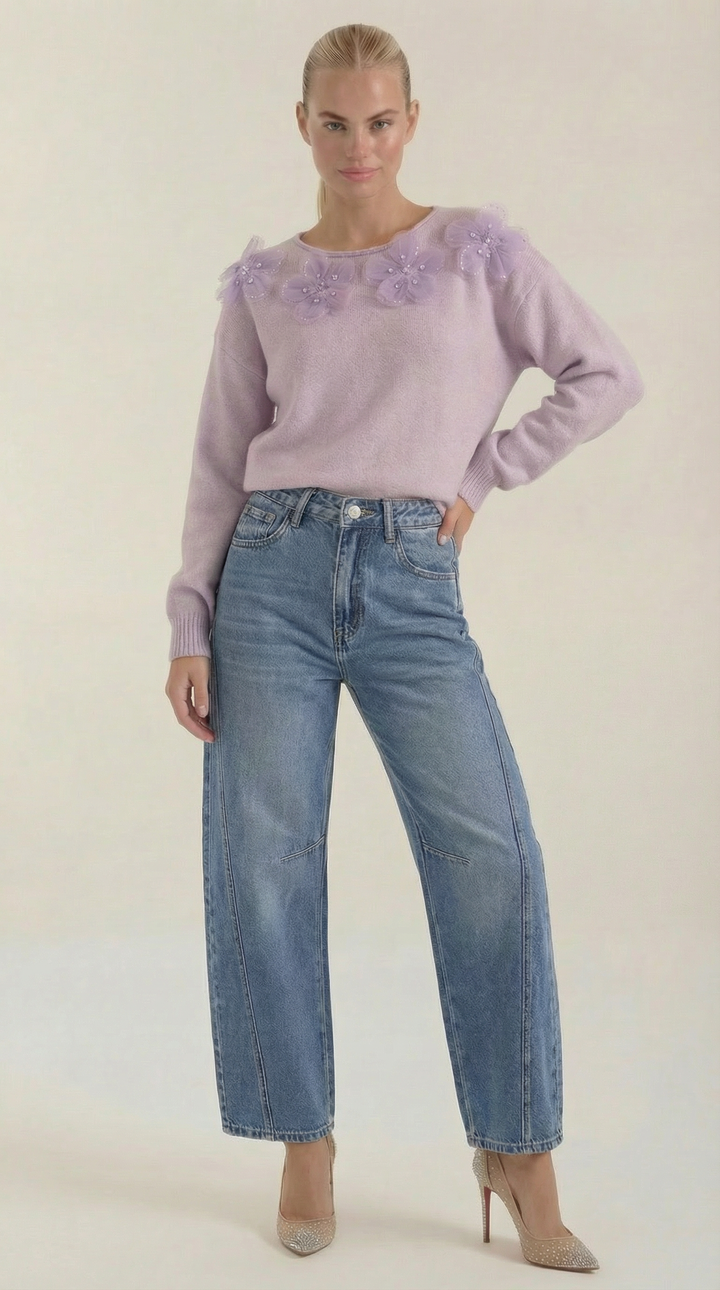 Sweater with Floral Design and Round Neck