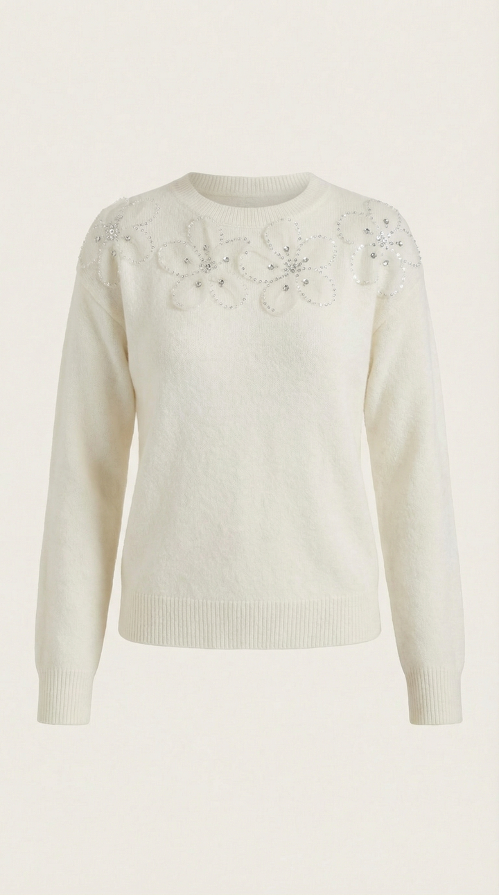 Sweater with Floral Design and Round Neck