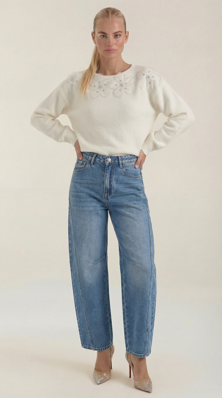 Sweater with Floral Design and Round Neck