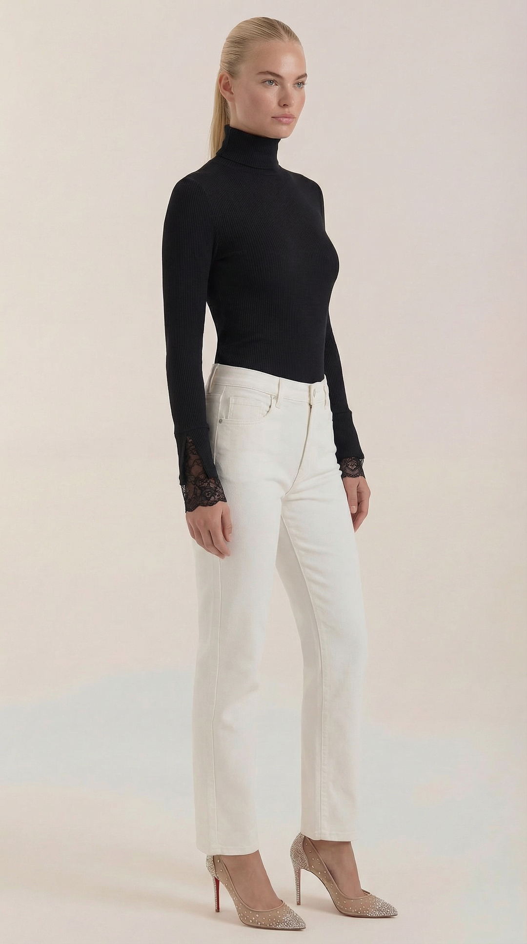'Beth' Turtleneck Sweater with Textured Lace Cuffs