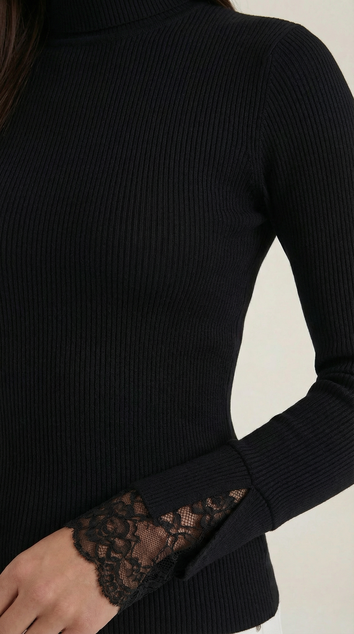 'Beth' Turtleneck Sweater with Textured Lace Cuffs