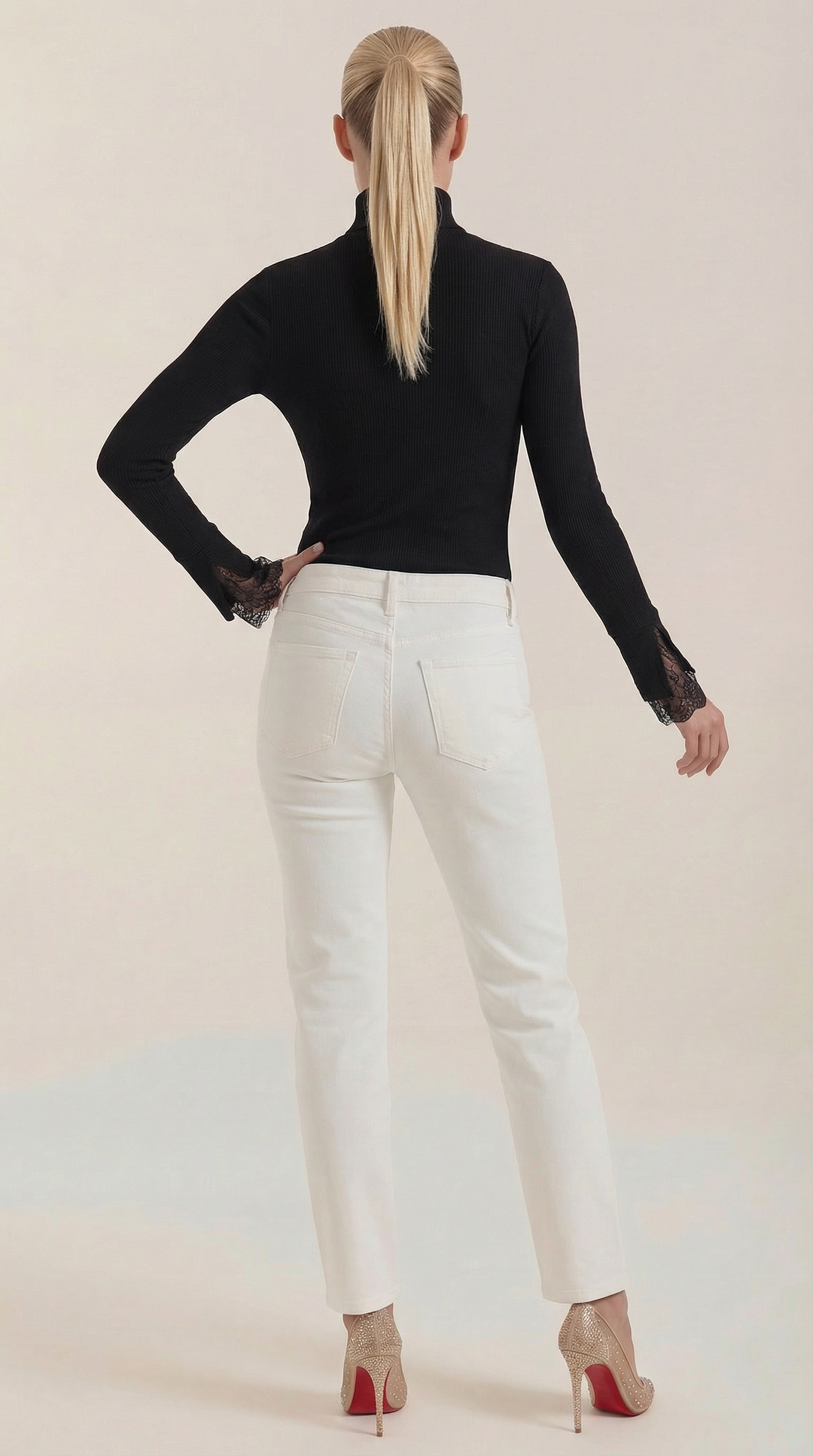 'Beth' Turtleneck Sweater with Textured Lace Cuffs