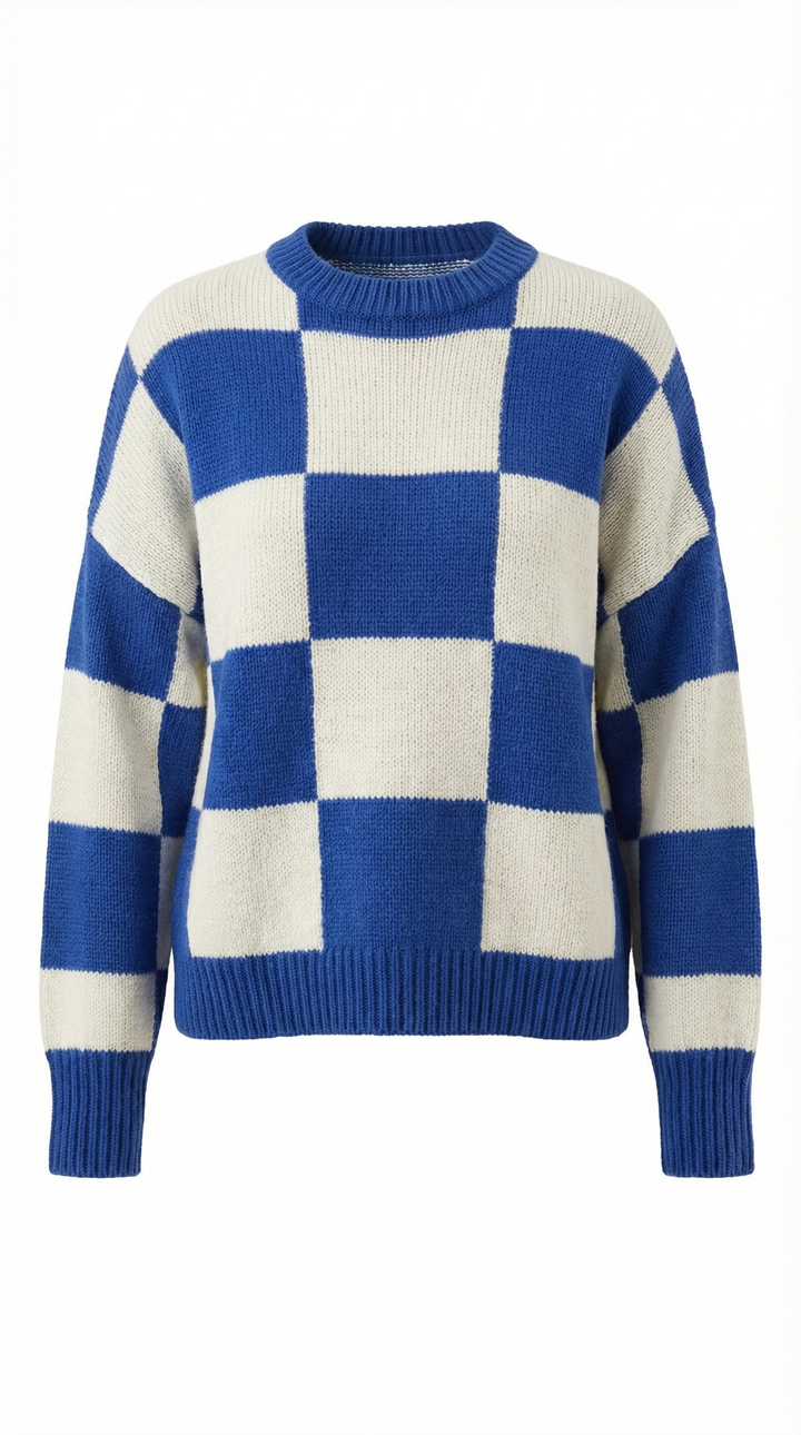 Knitted sweater with a check design