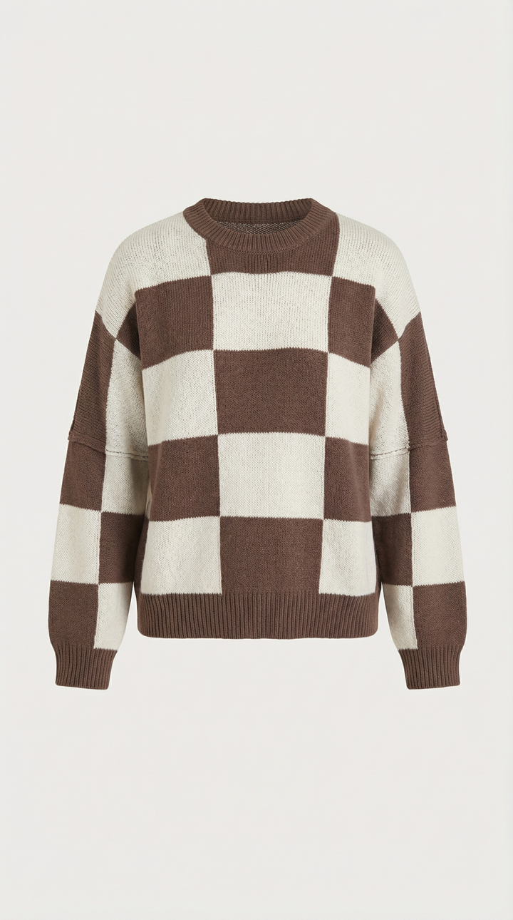 Knitted sweater with a check design