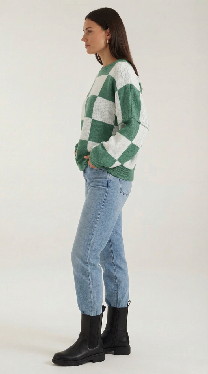 Knitted sweater with a check design