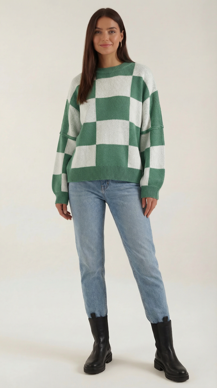 Knitted sweater with a check design