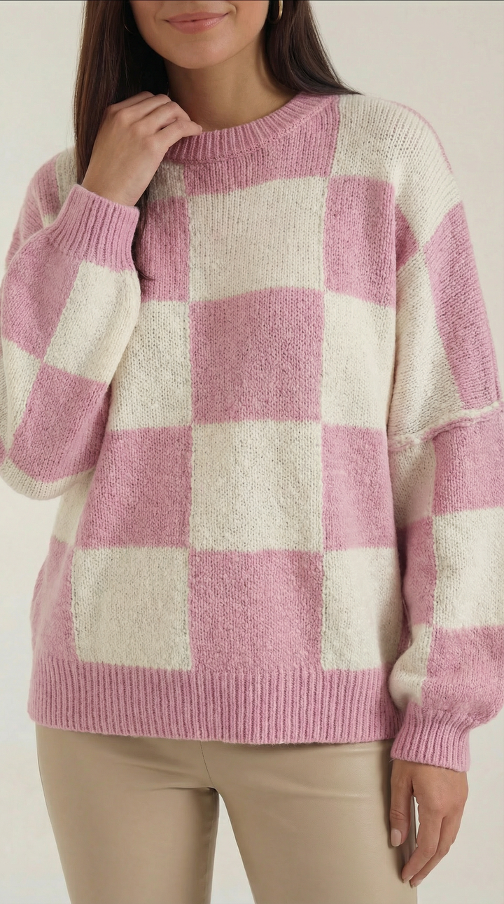 Knitted sweater with a check design