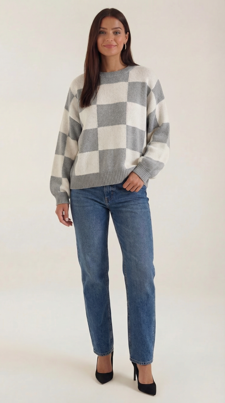 Knitted sweater with a check design