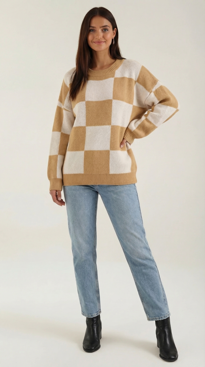 Knitted sweater with a check design