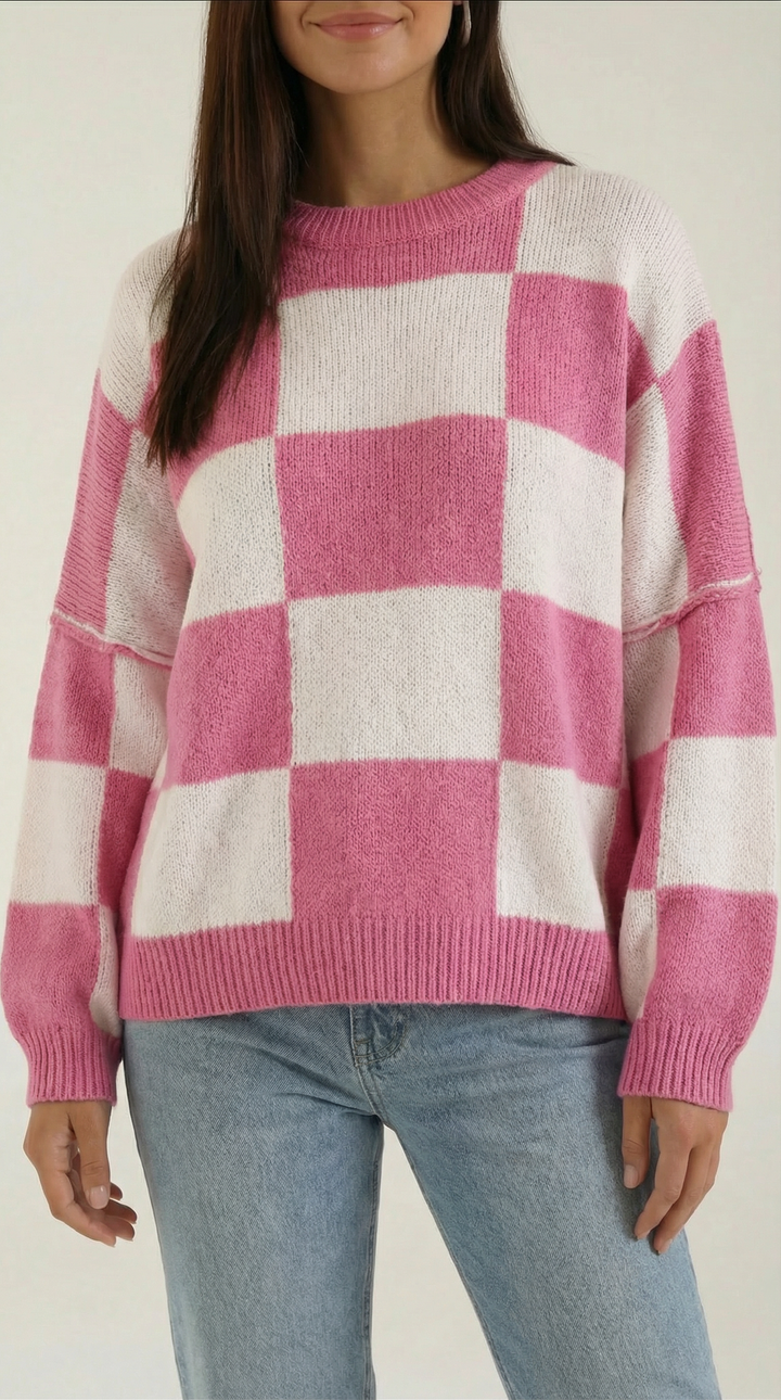 Knitted sweater with a check design