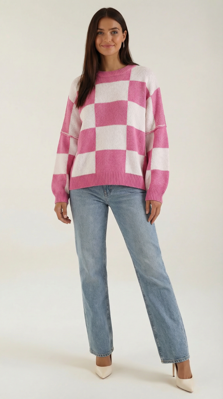 Knitted sweater with a check design