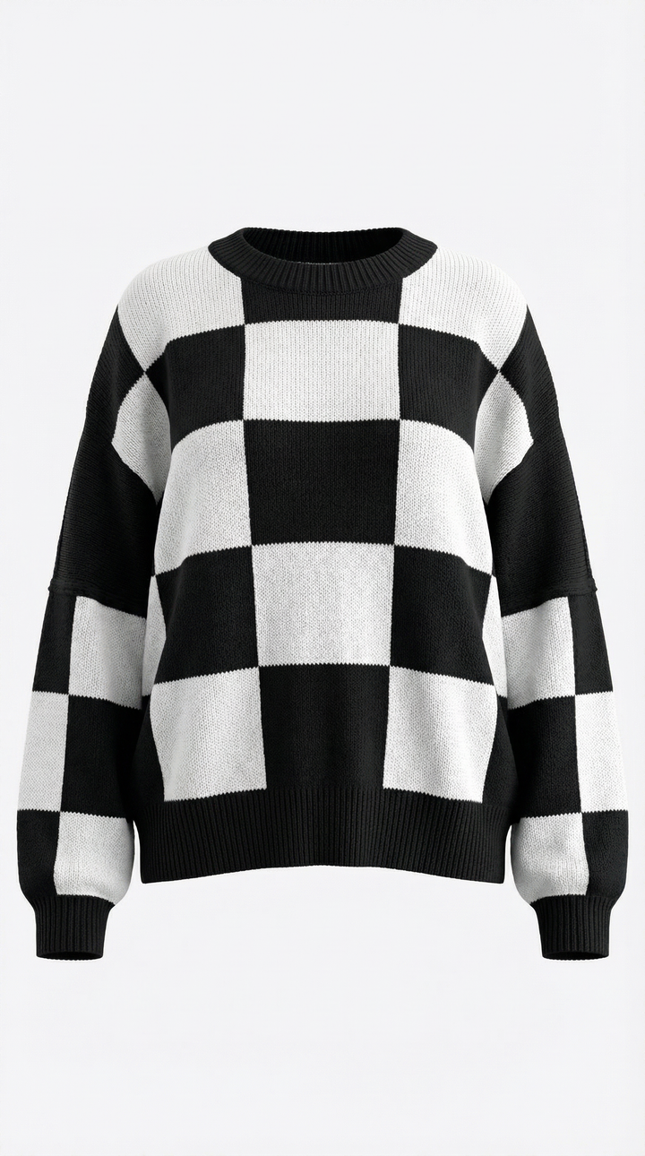 Knitted sweater with a check design