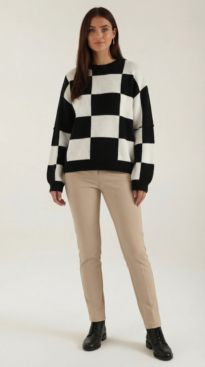 Knitted sweater with a check design