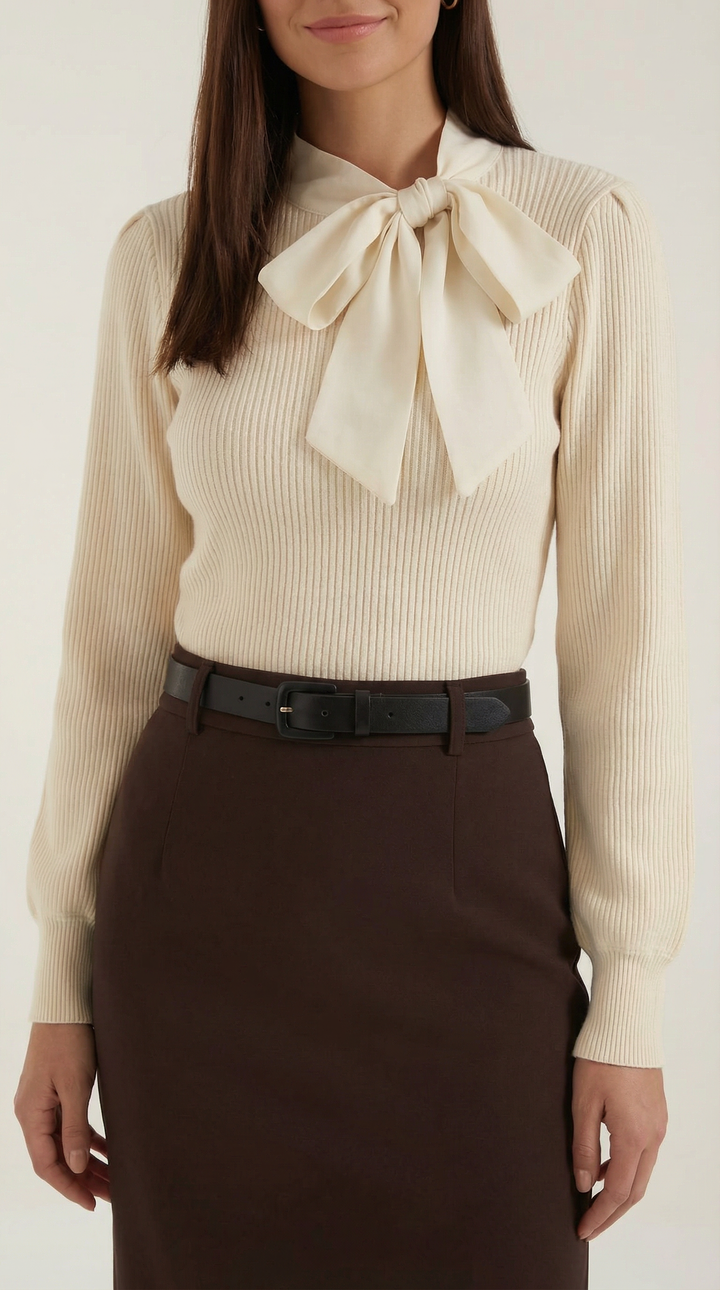 Jacqueline Rib-Knit Sweater with Decorative Tie