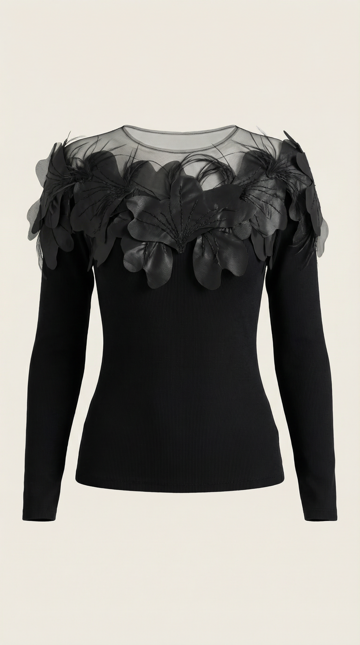 Knitted sweater with feather embellishments