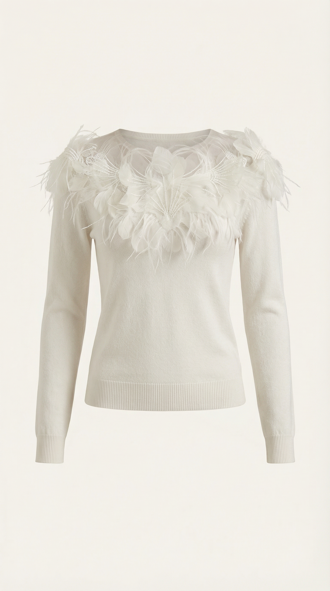 Knitted sweater with feather embellishments