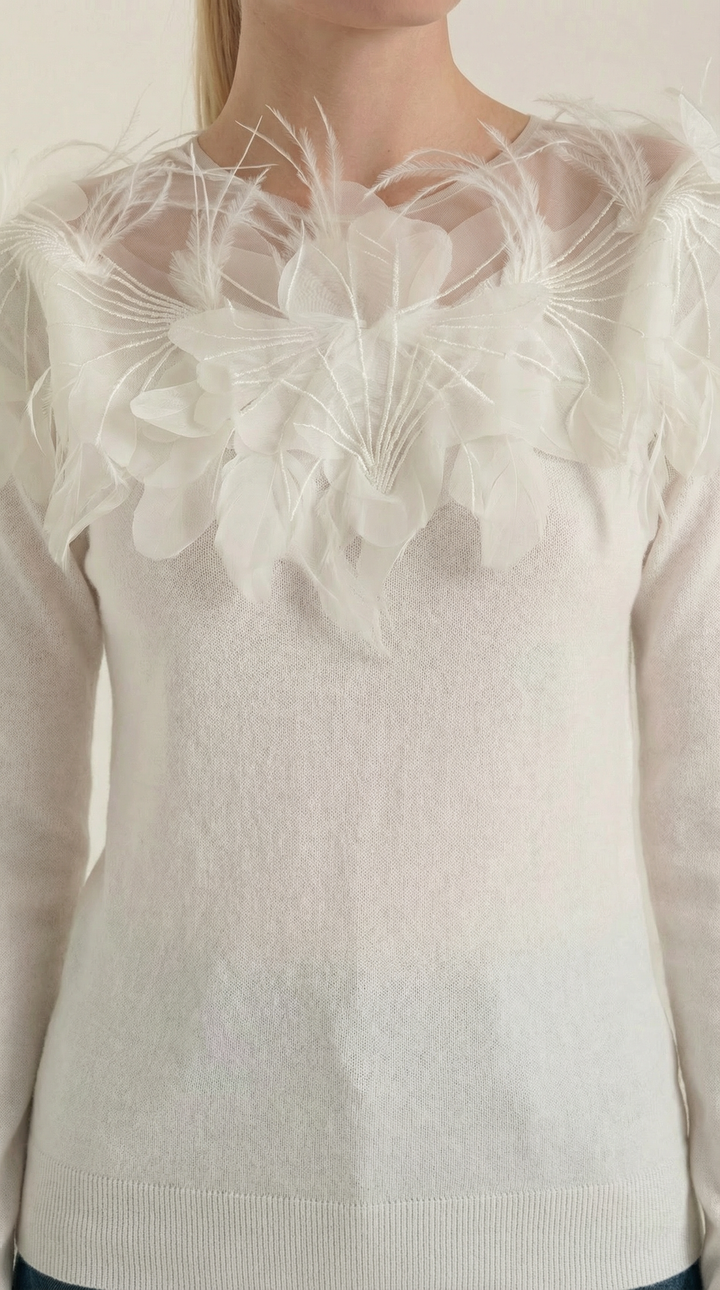 Knitted sweater with feather embellishments